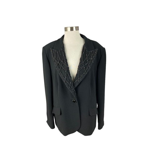 Marina Rinaldi Italy Black Beaded Mesh Lapel Triacetate Blazer Jacket 25 US 16